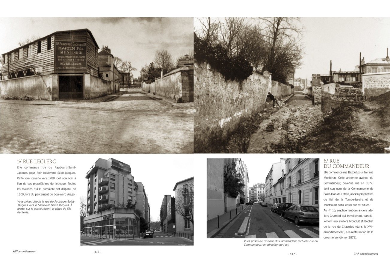 Double page p. 416-417 : Rue Leclerc, rue du Commandeur, photographié par Charles Marville puis aujourd’hui