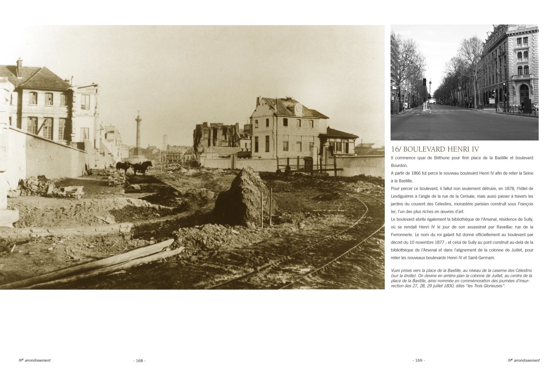 Double page p. 168-169 : Boulevard Henri IV, photographié par Charles Marville puis aujourd’hui