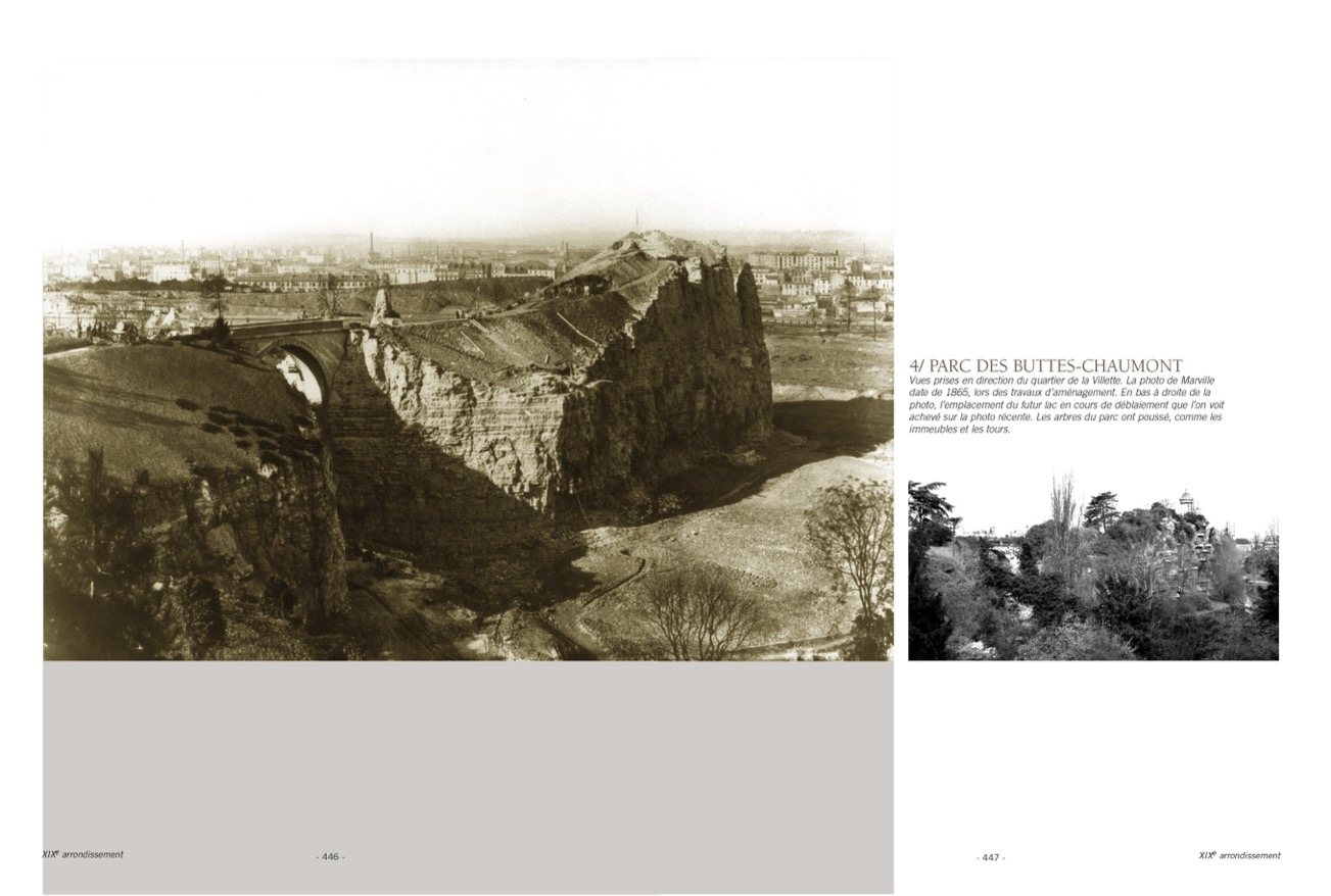 Double page p. 446-447 : Parc des Buttes-Chaumont, photographié par Charles Marville puis aujourd’hui
