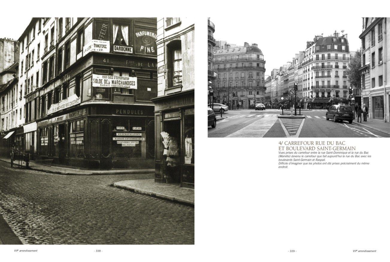 Double page p. 338-339 : Carrefour rue du Bac et boulevard Saint-Germain, photographié par Charles Marville puis aujourd’hui