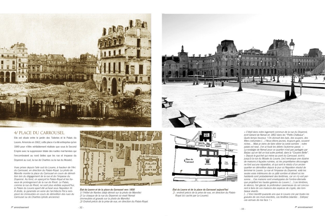 Double page p. 32-33 : Place du Carrousel, photographié par Charles Marville puis aujourd’hui