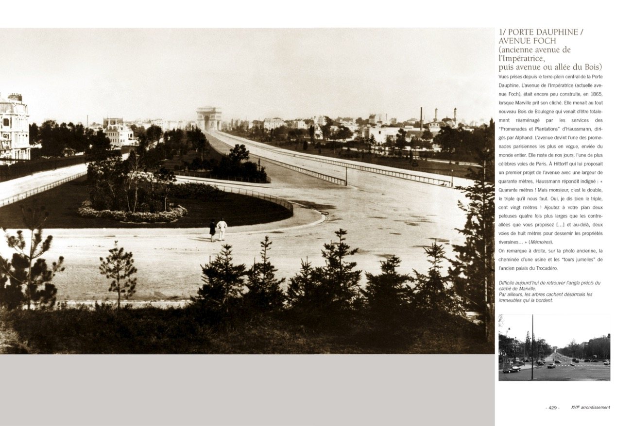 Double page p. 428-429 : Porte Dauphine, avenue Foch, photographié par Charles Marville puis aujourd’hui