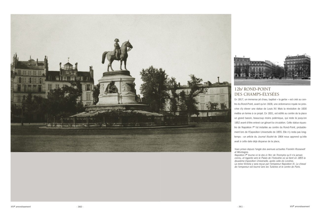 Double page p. 360-361 : Rond-point des Champs-Élysées, photographié par Charles Marville puis aujourd’hui