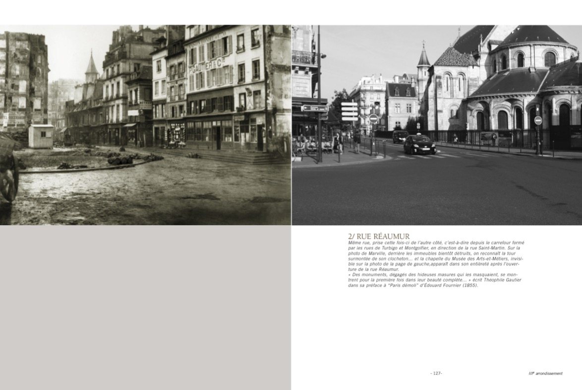Double page p. 126-127 : Rue Réaumur, photographié par Charles Marville puis aujourd’hui